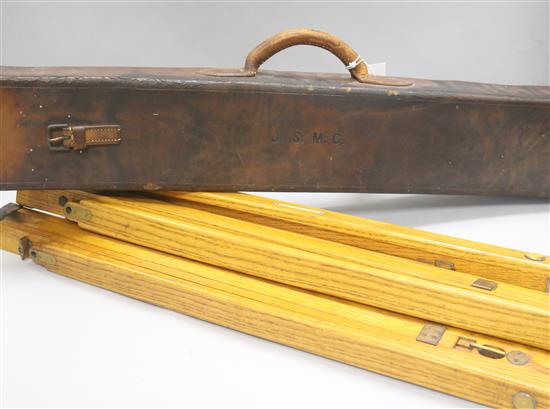 A 19th century Spratt Bros leather cased floor standing wood and brass tripod